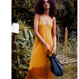 Zara Fringe Hem Midi Dress Marigold  Mustard Yellow Size Small